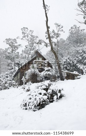 Cabin in snow, Cradle Mountain National Park, Tasmania, Australia