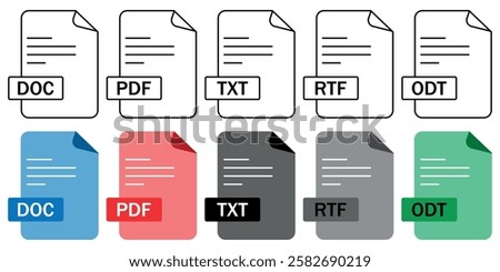 Set of document file format icons (DOC, PDF, TXT, RTF, ODT) in outline and color styles. Perfect for UI and UX, apps, websites, and digital projects.