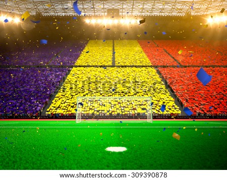 Flag Romania of fans! Evening stadium arena soccer field championship win! Confetti and tinsel