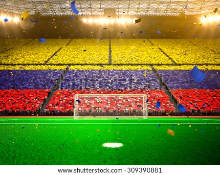 Flag Colombia of fans! Evening stadium arena soccer field championship win! Confetti and tinsel