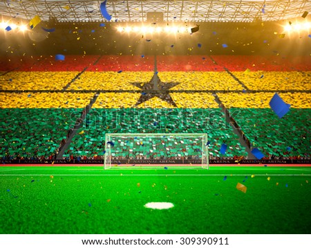Flag Ghana of fans! Evening stadium arena soccer field championship win! Confetti and tinsel