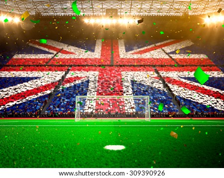 Flag England  of fans! Evening stadium arena soccer field championship win! Confetti and tinsel