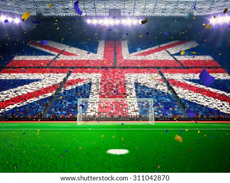 Flag England of fans! Evening stadium arena soccer field championship win! Confetti and tinsel