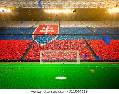 Flag Slovakia of fans! Evening stadium arena soccer field championship win! Confetti and tinsel