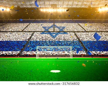 Flag Israel of fans. Evening stadium arena Yellow