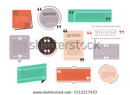 Quote text box, bubble for comment, mark design. Set of quotation banner template in flat modern style. Vector illustration background.