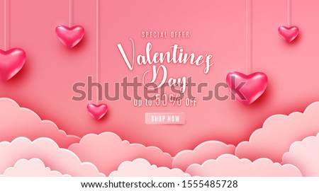 Happy valentines day greeting background in papercut realistic style. Paper clouds, flying realistic heart on string. Pink banner party invitation template. Calligraphy words text sign on copy space. Сток-фото © 