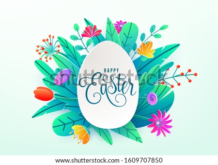 Happy easter background isolated on white. Holiday greeting in paper cut 3d origami style with egg and minimalistic flat color flowers. Vector illustration. Place for your greeting text.