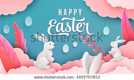 Happy easter banner background. Holiday greeting in paper cut 3d style with clouds, bunny, plant, egg, ears. Vector illustration. Place for your text.