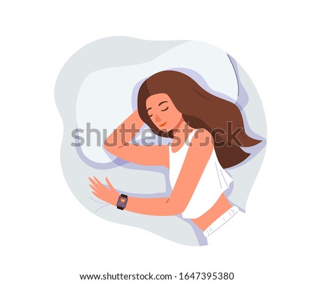 Sleep control concept vector background isolated on white. Young woman sleeping at home on bed with smart watch on her hand. View from above, close-up.