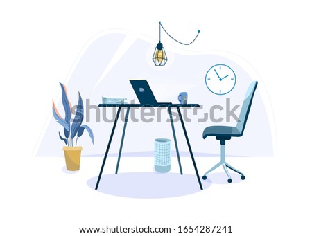 Office workplace vector background for one person with desk, chair, laptop, cup, basket and plant. Minimal modern interior in simple flat style.