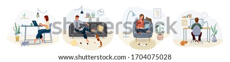 Work at home concept design. Freelance woman and man working on laptop with pets at their house, dressed in home clothes. Vector illustration set isolated on white background.