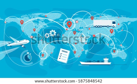 Shipping, logistic supply chain vector illustration. Export, import concept background with global earth map, pointers and connections. Plane, truck, cargo boat delivery symbols.