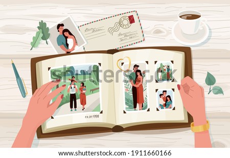 Photo album with family photographs, vector illustration in simple cartoon flat style. Female hands holding open memorable book. Top view. ストックフォト © 