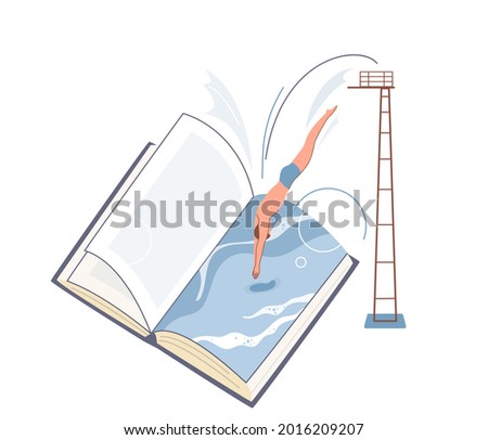 Young man diving to the water in the book from diving tower. Immersion reading concept, literature vector background. Studying, education design illustration in simple flat style.