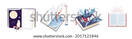 Read book concept design set vector illustration. Collection of man and woman reading literature, immersing at space world, sea. Isolated on white background in simple flat minimal style.
