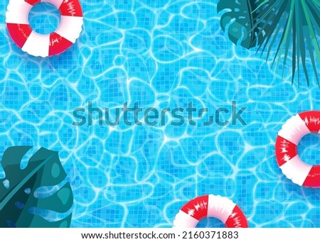 Summer pool vector background. Swimming pool texture, red and white ring float, palm monstera leaves illustration. Copy space at the centre. Top view.
