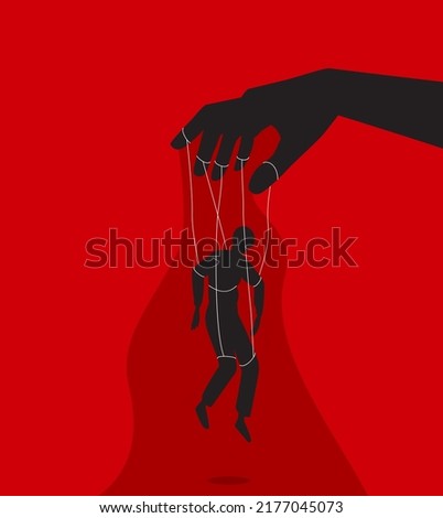 Manipulator concept vector illustration. Puppet master hand manipulate man silhouette. Control domination exploitation background. Foto stock © 