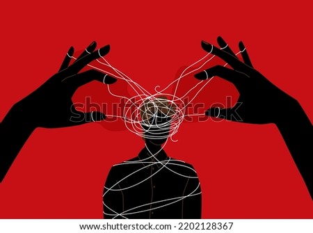 Manipulator concept vector illustration. Puppet master hands manipulate man mind, silhouette. Domination exploitation background. Mental control ropes.