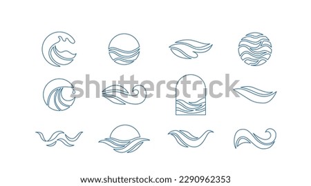 Wave line logo vector set. Water icon templates. Abstract outline sea, ocean surges in circle. Nature blue liquid concept design.