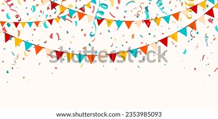 Festive flag garlands with confetti, streamer ribbons vector illustration. Triangle buntings, serpentine in simple flat style, on white background. Carnival, birthday, circus party design decoration.