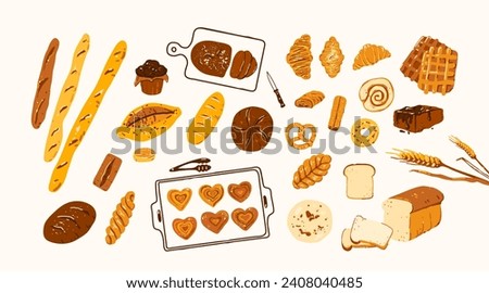 Bread set vector background. Vector bakery pastry products - rye, wheat and whole grain bread, croissant, bagel, french baguette, roll, toast bread slices, bun, loaf.