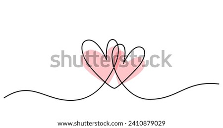 Two hearts in simple one line style and color shape love signs. Love background in continuous line drawing. Black and white linear minimal vector illustration. Valentines day banner, wedding card.