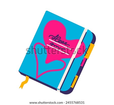 Copybook with elastic band and bookmarks, hearts and text at cover. Vector illustration isolated on white background.