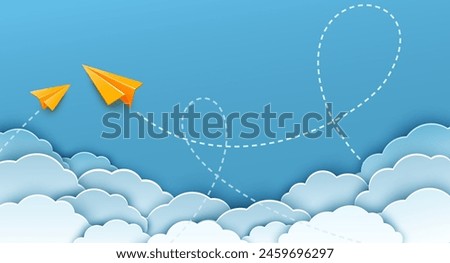 Two yellow origami paper plane with dash line track with loop in the sky. Paper cut realistic 3d vector illustration. Back to school, vacation travel concept design.