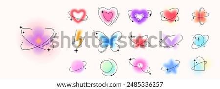 Y2k blur gradient elements vector illustration. Abstract aesthetic blurry stickers with heart, star, lightning, aura, flower, planet. Color soft gradient shapes with transparent end, thin round lines.