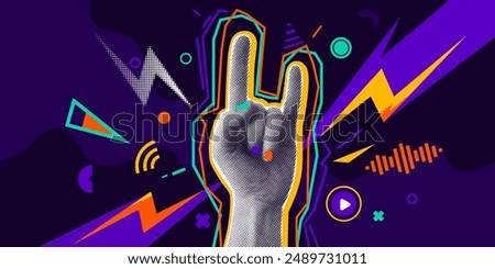 Music collage banner vector illustration. Halftone effect hand with gesture rock, color sound sign elements. Two fingers up, cool retro techno poster. Visual audio abstract concept on dark background.