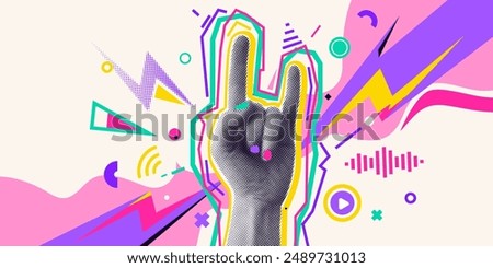 Music collage banner vector illustration. Halftone effect hand with gesture rock, color sound sign elements. Two fingers up cool retro techno poster. Visual audio abstract concept on light background