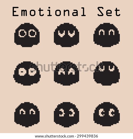 Pacman emotional pixel eyes set with ghost 