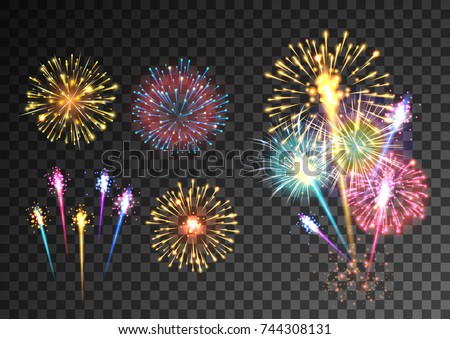 Fireworks isolated on dark transparent background. Festive firecracker salute burst. Pyrotechnic rocket fire. Vector illustration