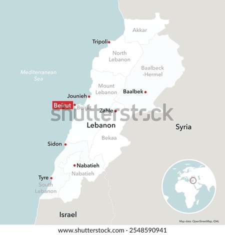 Editable vector map of governorates or administrative divisions in Lebanon. All objects can be ungrouped or are on different layers, making editing quick and easy.