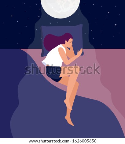 The girl sleeps in her bed under the moonlight.