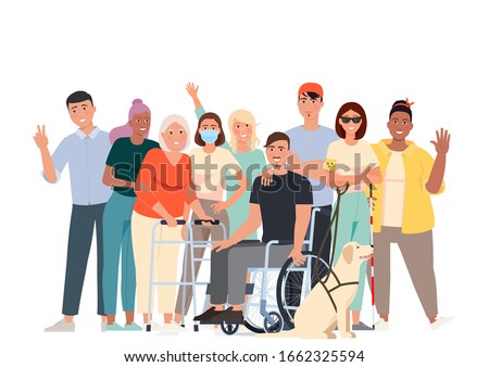 Vector illustration of people with disabilities. Volunteers, students and a man in a wheelchair, a blind girl with a guide dog, a girl with psoriasis, a girl in a mask with weakened immunity.