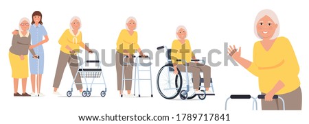 Grandmother in a wheelchair, granny with a paddle walker and an elderly woman with a walking stick and a nurse.