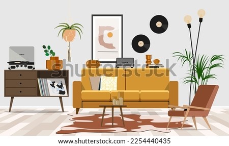 Vintage and cozy space with poster frame, sofa, coffee table, plants, commode, decoration and personal accessories.