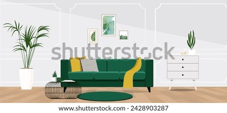 Stylish living room interior with comfortable green sofa