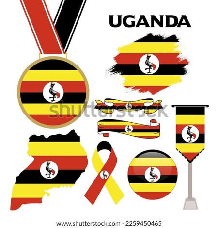 Elements Collection With The Flag of Uganda Design Template. Uganda Flag, Ribbons, Medal, Map, Grunge Texture and Button. Vector Illustration