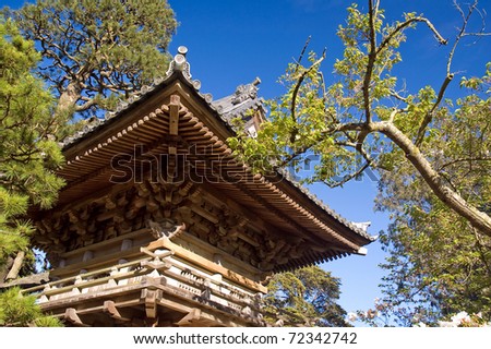 Entrance to Japanese Tea Garden in the shape of wooden pagoda. San Francisco. California.