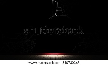 Empty room, floor, baseboards, wall. Done in shades of black, red plinth, wallpaper with cobwebs. 3d illustration