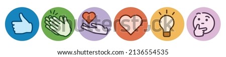 icons logo set reactions emoji template connection modern vector Like love Celebrate hand giving Support thinking lamp idea inspiration Insightful and Curious blue green red orange purple colour