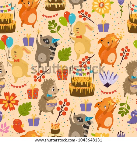 vector seamless pattern with holiday cakes, birds, animals, dog, hedgehog, raccoon, squirrel, fox. birthday, bright colors, spring, summer background. use for wallpaper, deca ration, textiles, fabrics Сток-фото © 