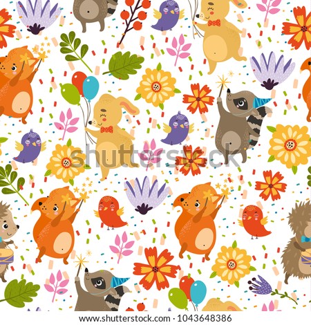 vector seamless pattern with flowers, birds, animals, dog, hedgehog, raccoon, squirrel, fox. birthday, bright colors, spring, summer background. use for wallpaper, deca ration, textiles, fabrics Сток-фото © 