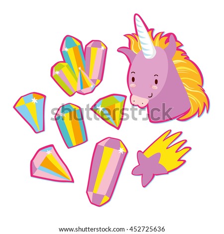 very fashionable stickers. in the style of 80's.crystals, Unicorn, magic, star. quirky cartoon  badges 