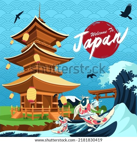 Autumn seson in japan. Happy fall. Japan style building. Translation Welcome to Japan. Posters or postcards for tourism. Vector illustration