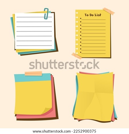 Paper notes with pins, binder clips, push pins, adhesive tape and tack. Blank sheets, sticky notes, scraps of paper and torn notebook pages. Template for note messages. Vector illustration.
