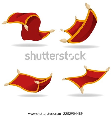 Fairytale Persian magic carpet flying isolated on white background. Cartoon miracle rug plane symbol vector graphic illustration. Fantasy textile transport